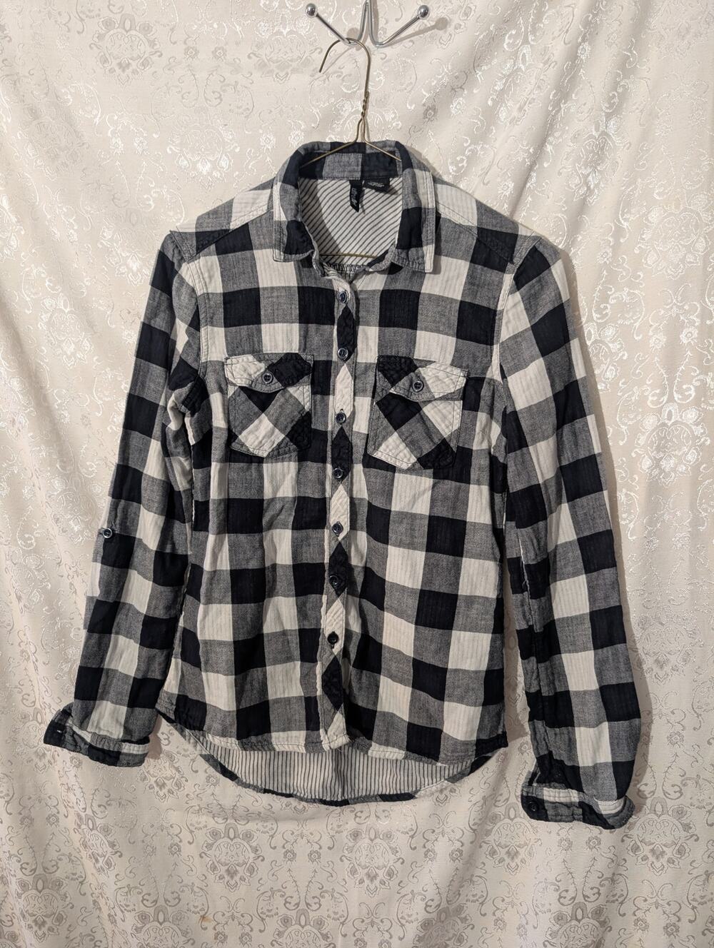 Ultra Flirt Black White Buffalo Plaid Flannel Button Down Shirt Small